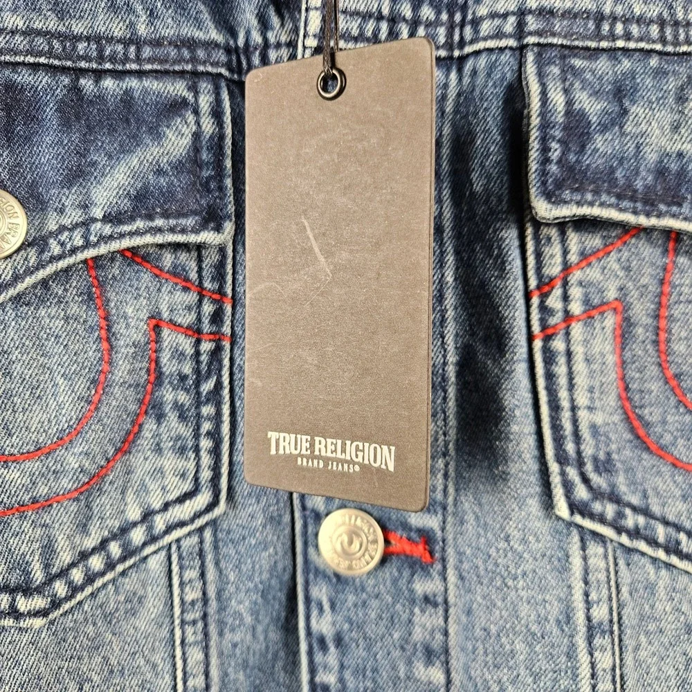 True Religion Mens Denim Jacket Medium Blue Quartz Wash Buddha Print 701133 XL